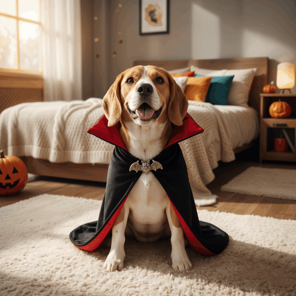 Beagle joyeux portant une cape de vampire pour Halloween, assis dans une chambre.