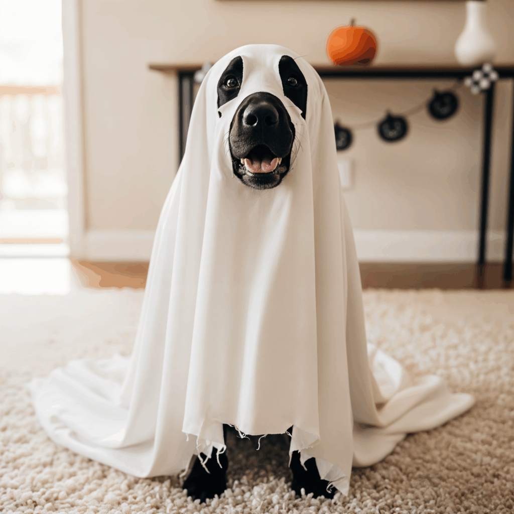Chien noir déguisé en fantôme avec un drap blanc pour Halloween, assis dans un salon devant une citrouille.