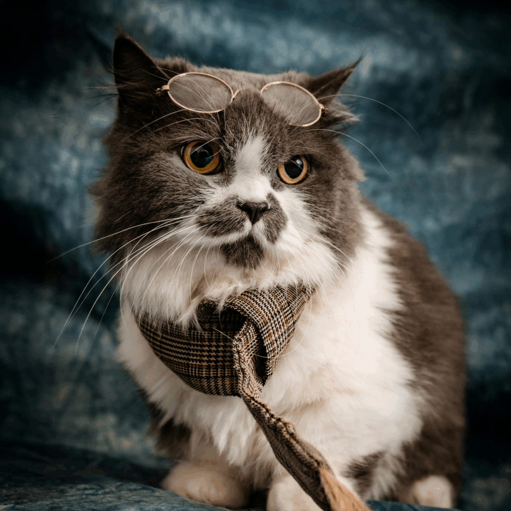 Gros plan d'un chat gris et blanc à poils longs portant des lunettes rondes et une cravate à motifs.