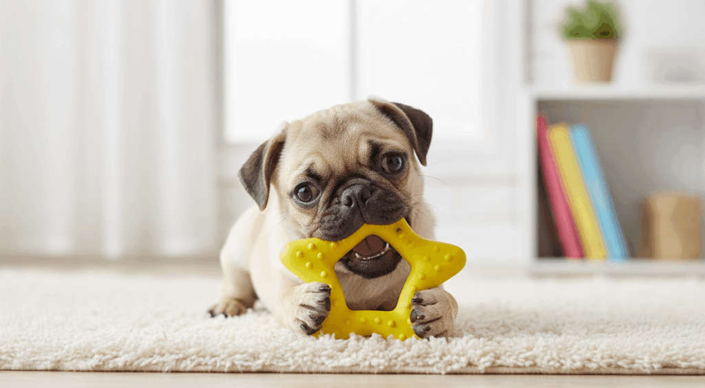 Carlin (Pug) chiot au pelage beige, couché sur un tapis blanc en train de mâcher un jouet en forme d'étoile jaune.