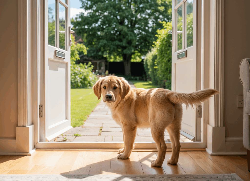 Jeune Golden Retriever se tenant dans l'encadrement d'une porte ouverte, avec un jardin ensoleillé visible à l'extérieur.